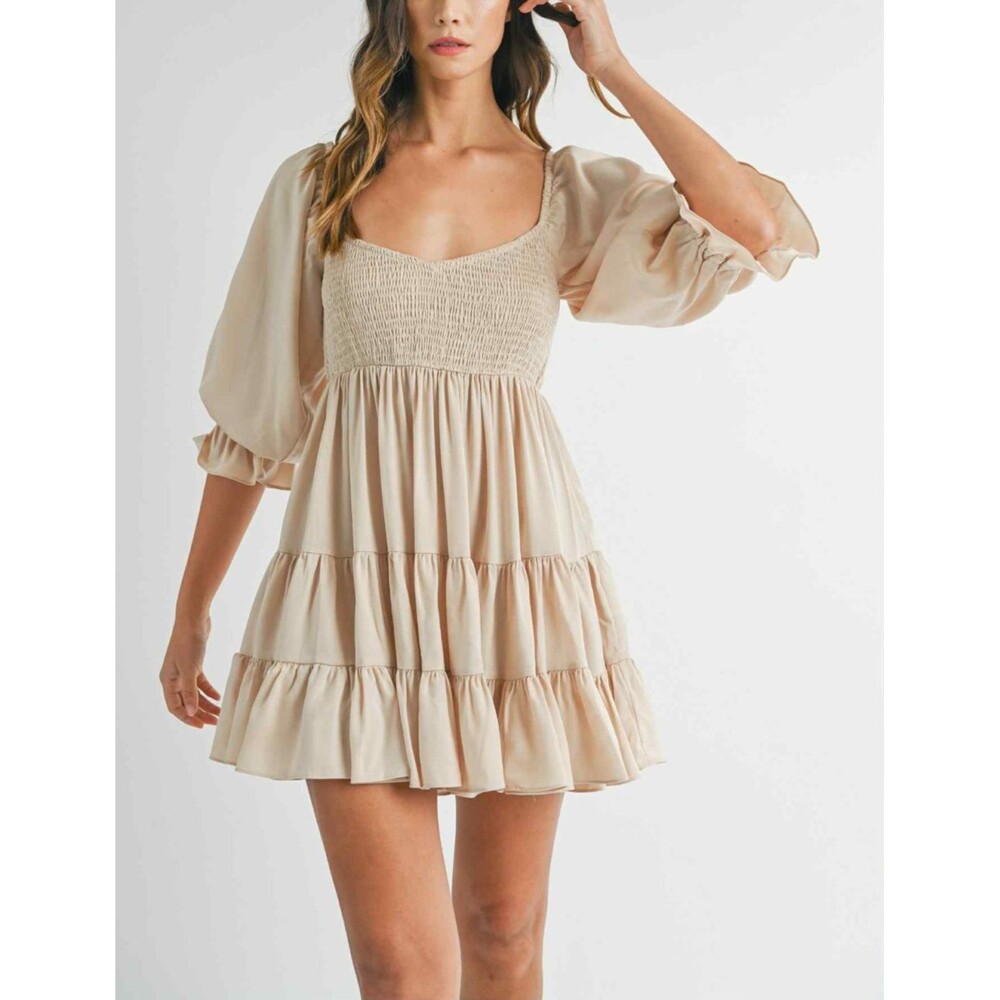 Mable Size M Babydoll Beige Cream Smocked Ruffle Mini Dress Stretch Party STAINS - Picture 1 of 12